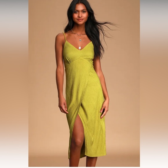 Lulus View and I Chartreuse Tie-Back Faux-Wrap Midi Dress - Picture 5 of 14